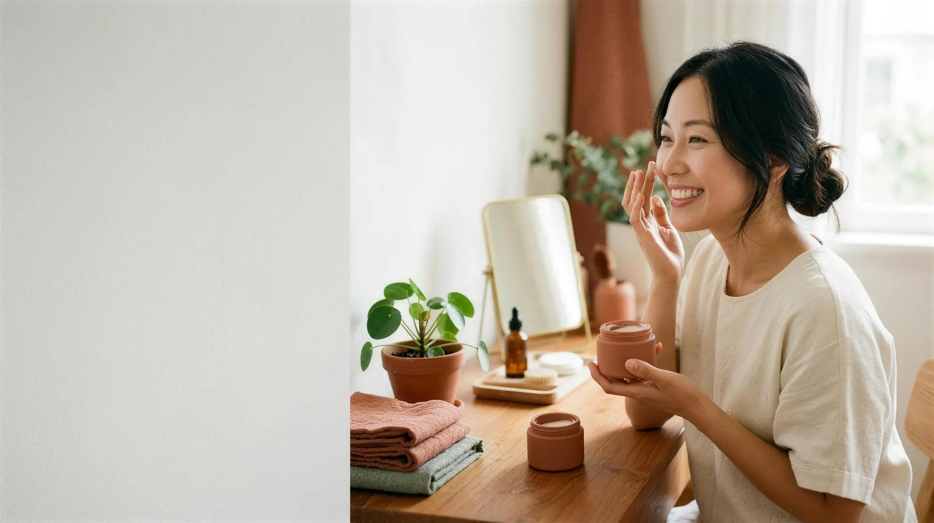 A woman applying her skincare at a warm sunlit vanity