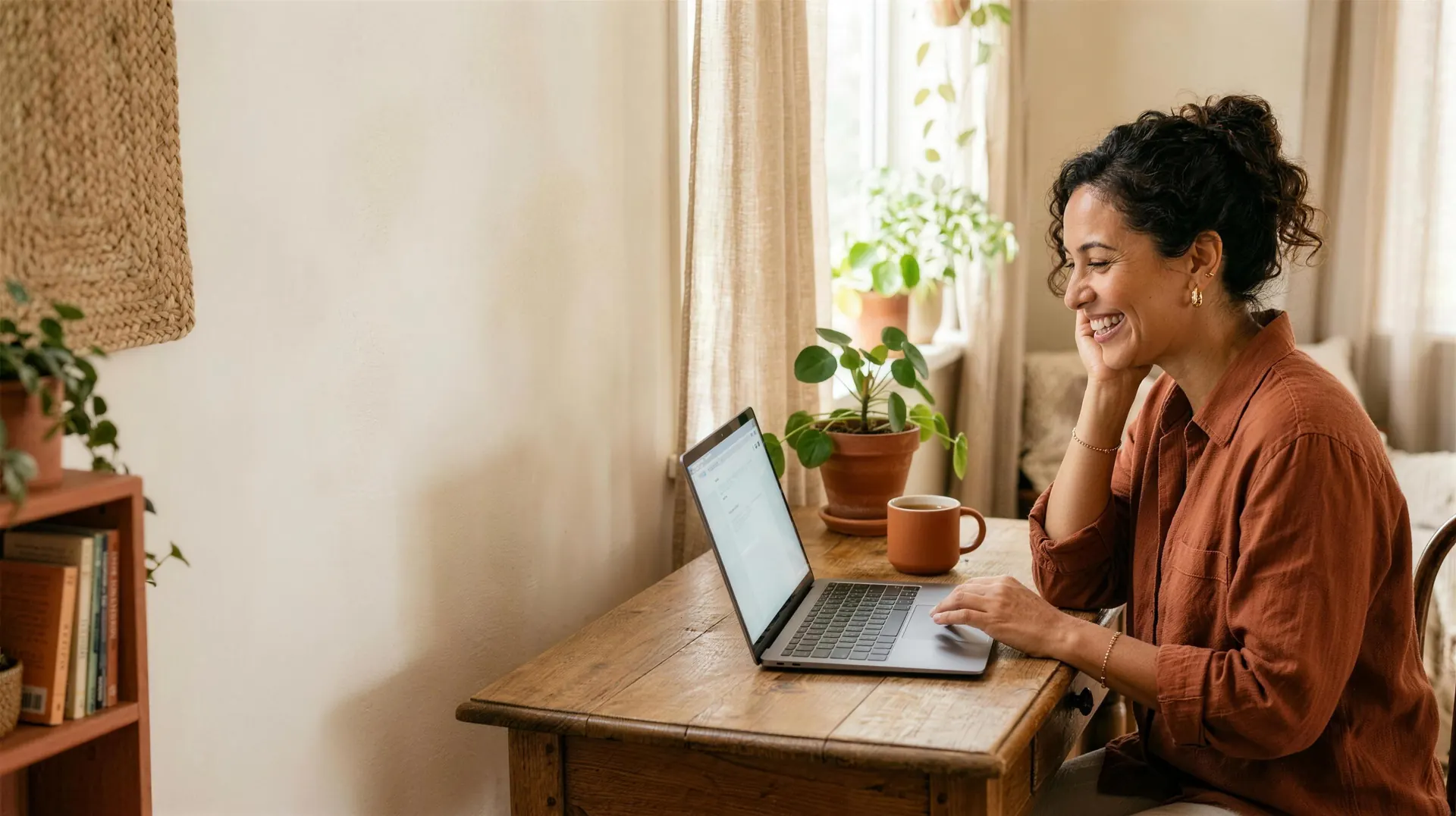 A woman smiling at her laptop at a sunlit timber desk