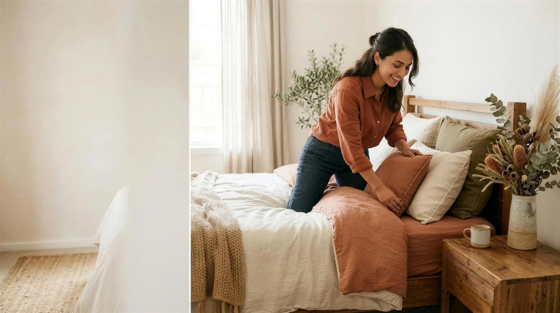 A woman styling a freshly made bed in soft linen and clay tones