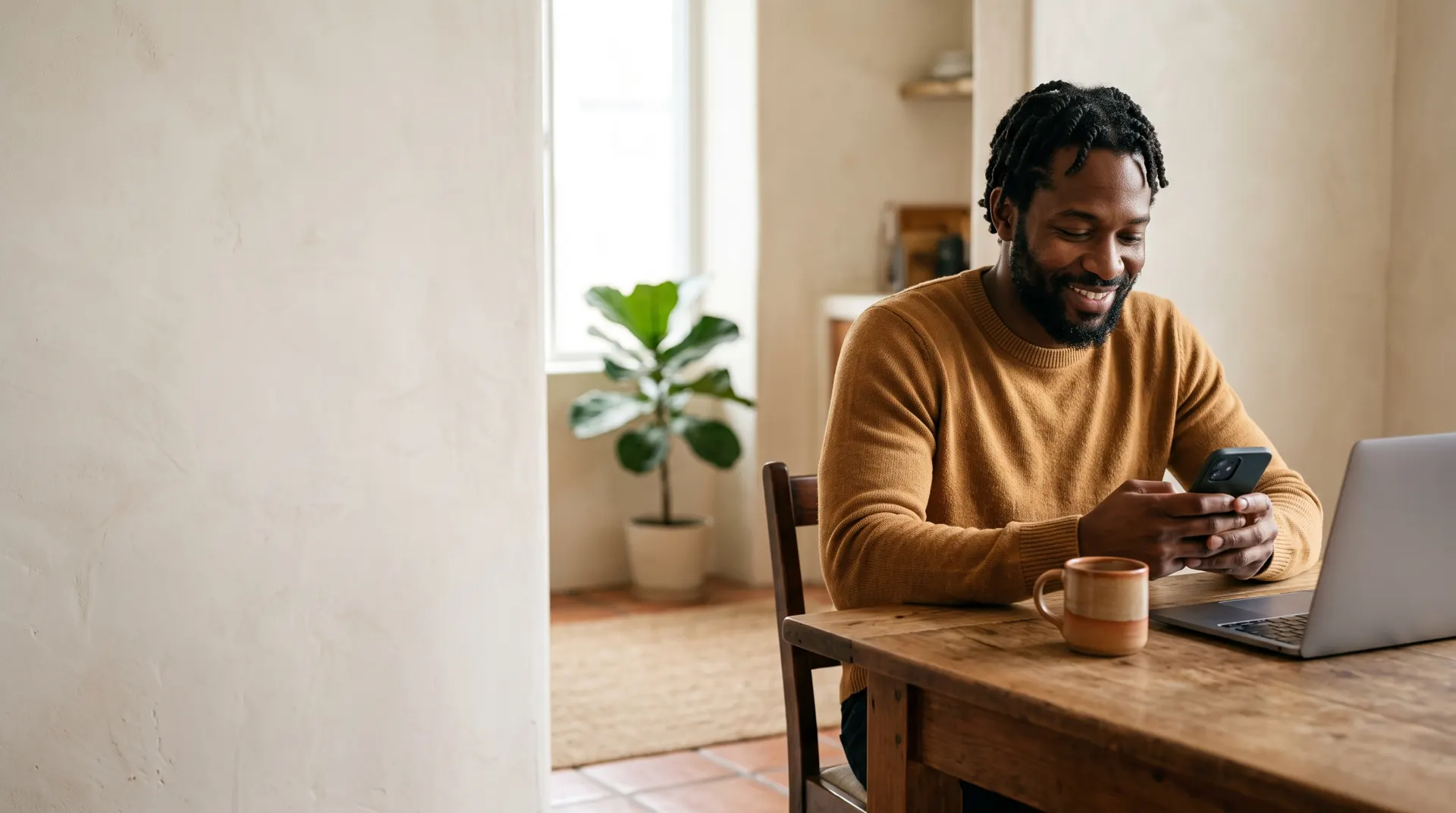 A man smiling at his phone at a wooden kitchen table