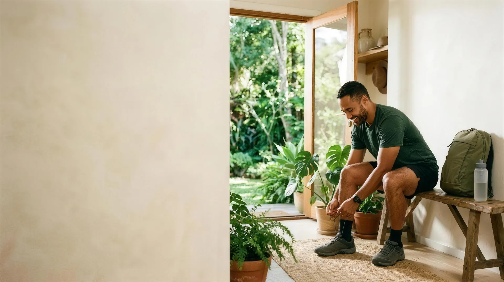 A man lacing up trail-running shoes by an open garden door