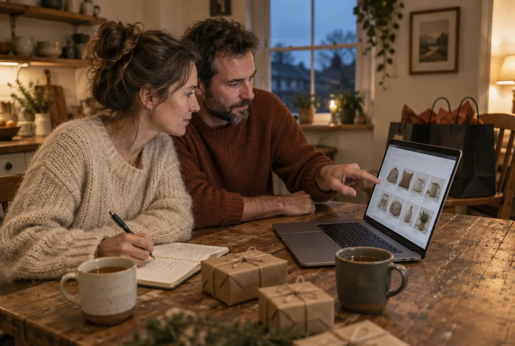 A couple at their kitchen table in the evening writing a gift list while they browse an online store, with wrapped gifts and shopping bags beside them