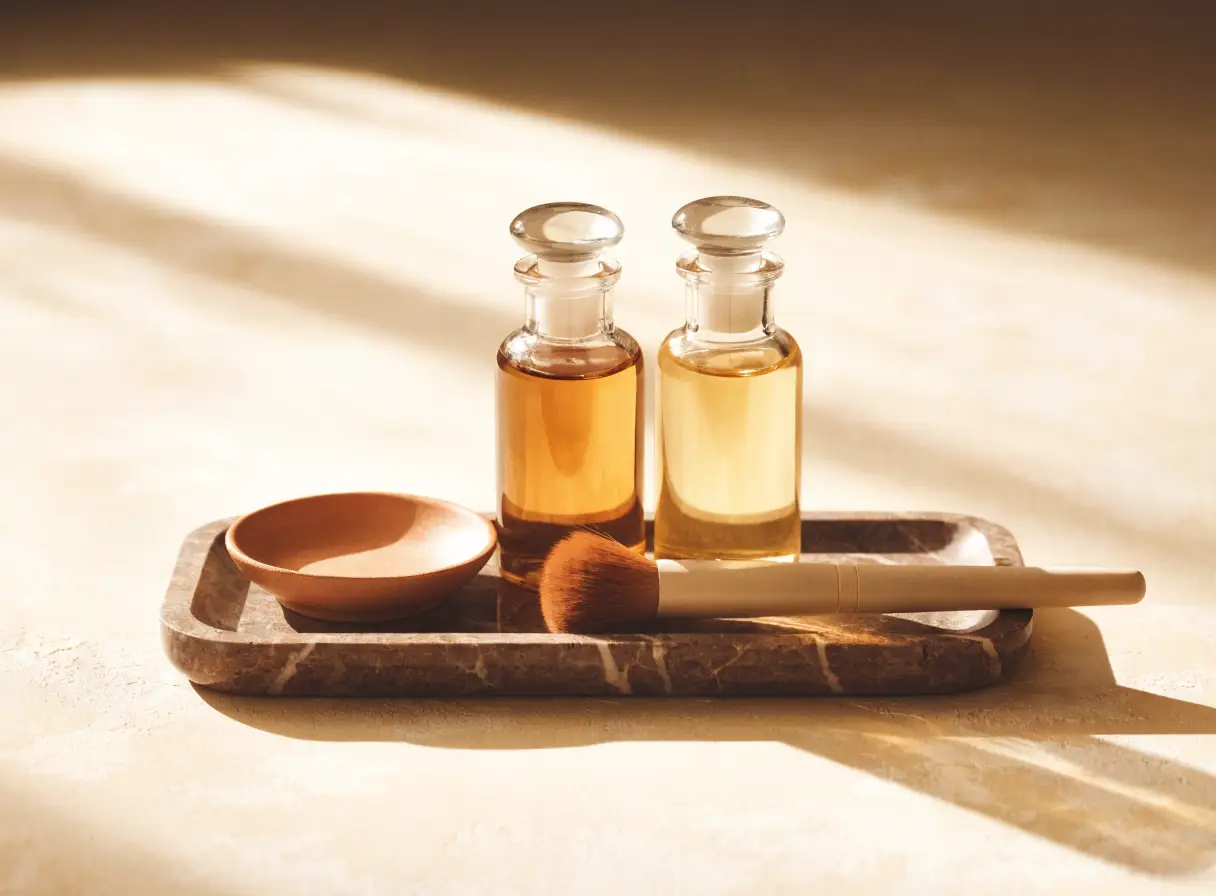 Skincare bottles and a makeup brush on a stone tray