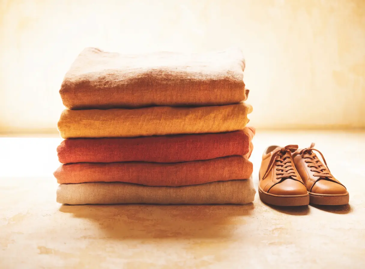 Folded linen clothing and leather sneakers
