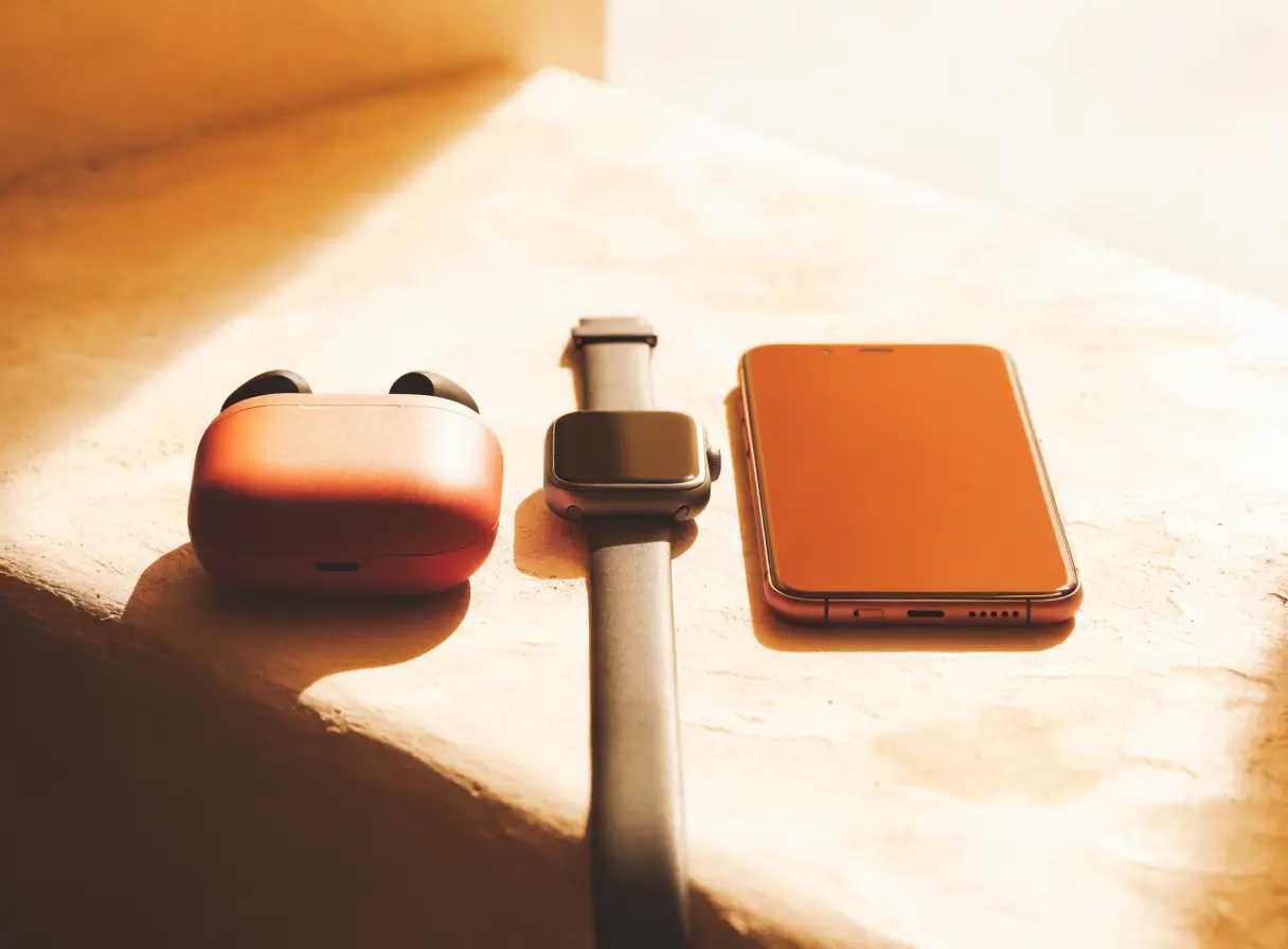 Wireless earbuds, a smartwatch and a phone on a warm surface