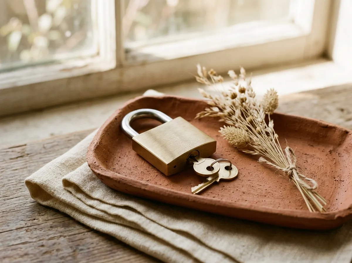 A brass padlock and keys on a terracotta tray with dried grasses