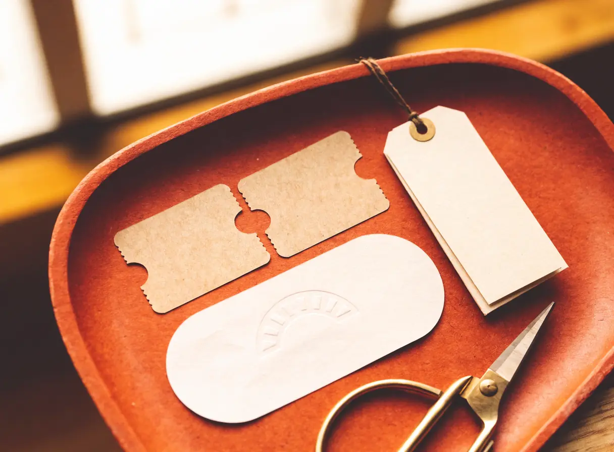 A flat-lay of blank paper discount vouchers and gift tags on a warm clay tray