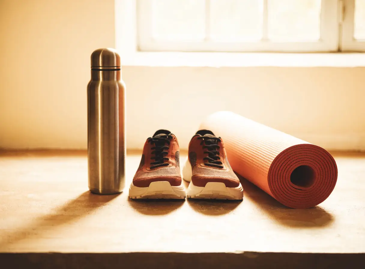 Running shoes, a water bottle and a yoga mat