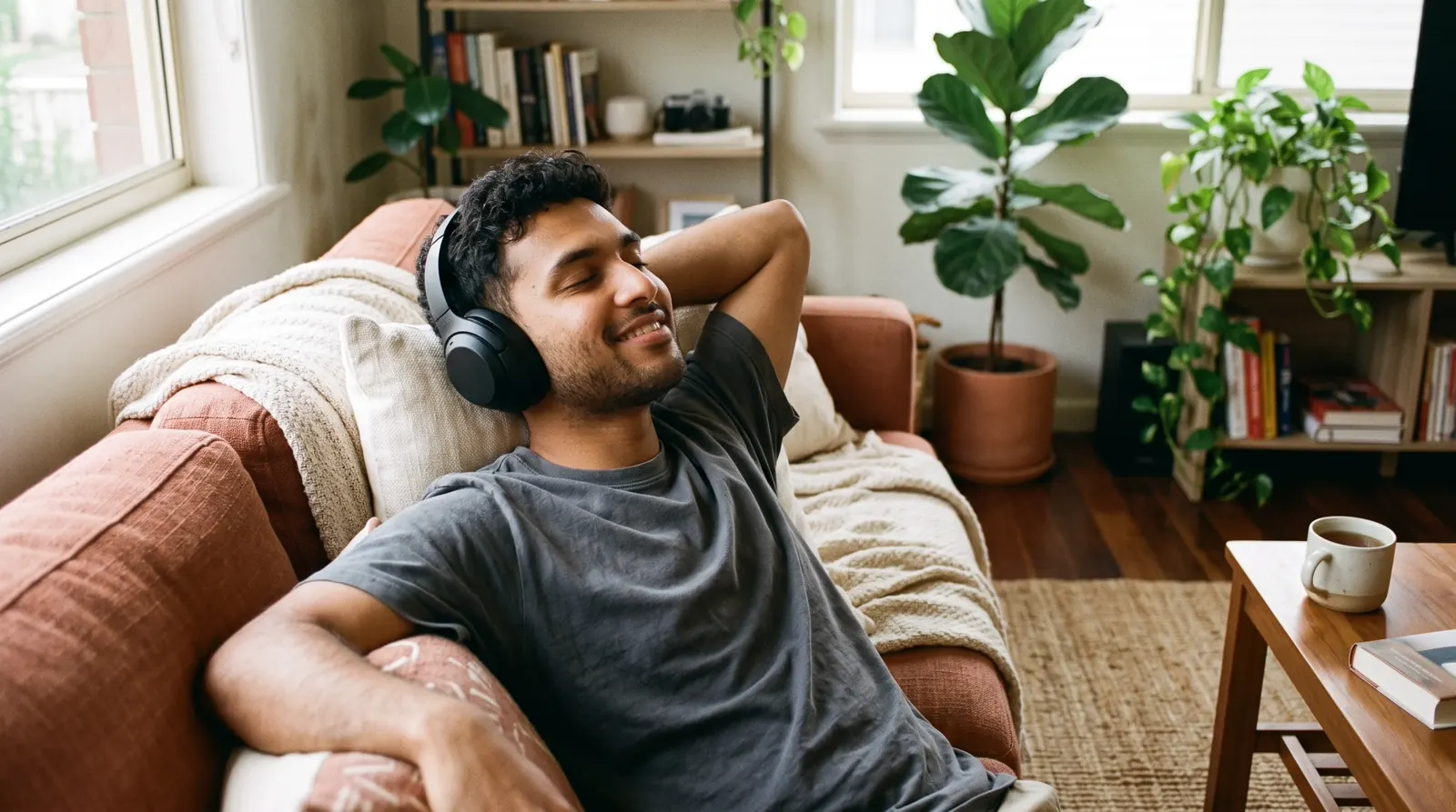 A young man relaxing at home with new wireless headphones