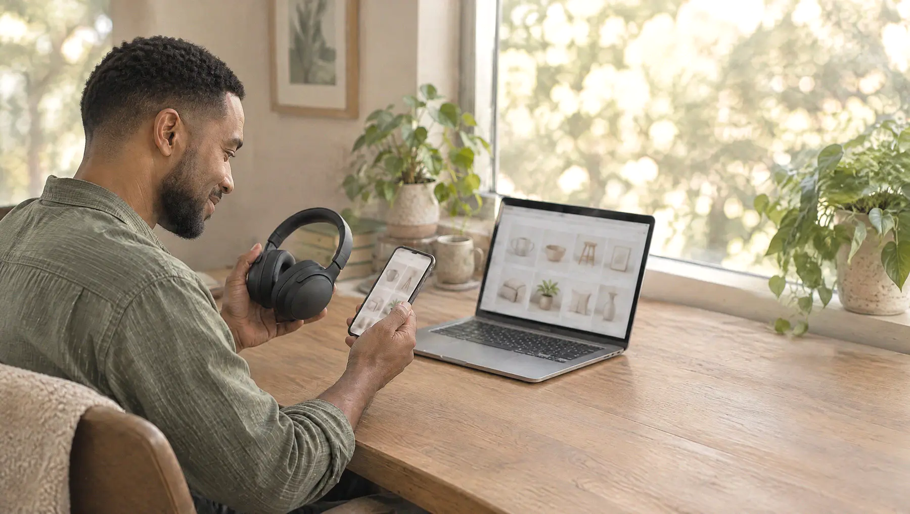 A man at a sunny home desk holds a pair of headphones while he browses an online store on his phone
