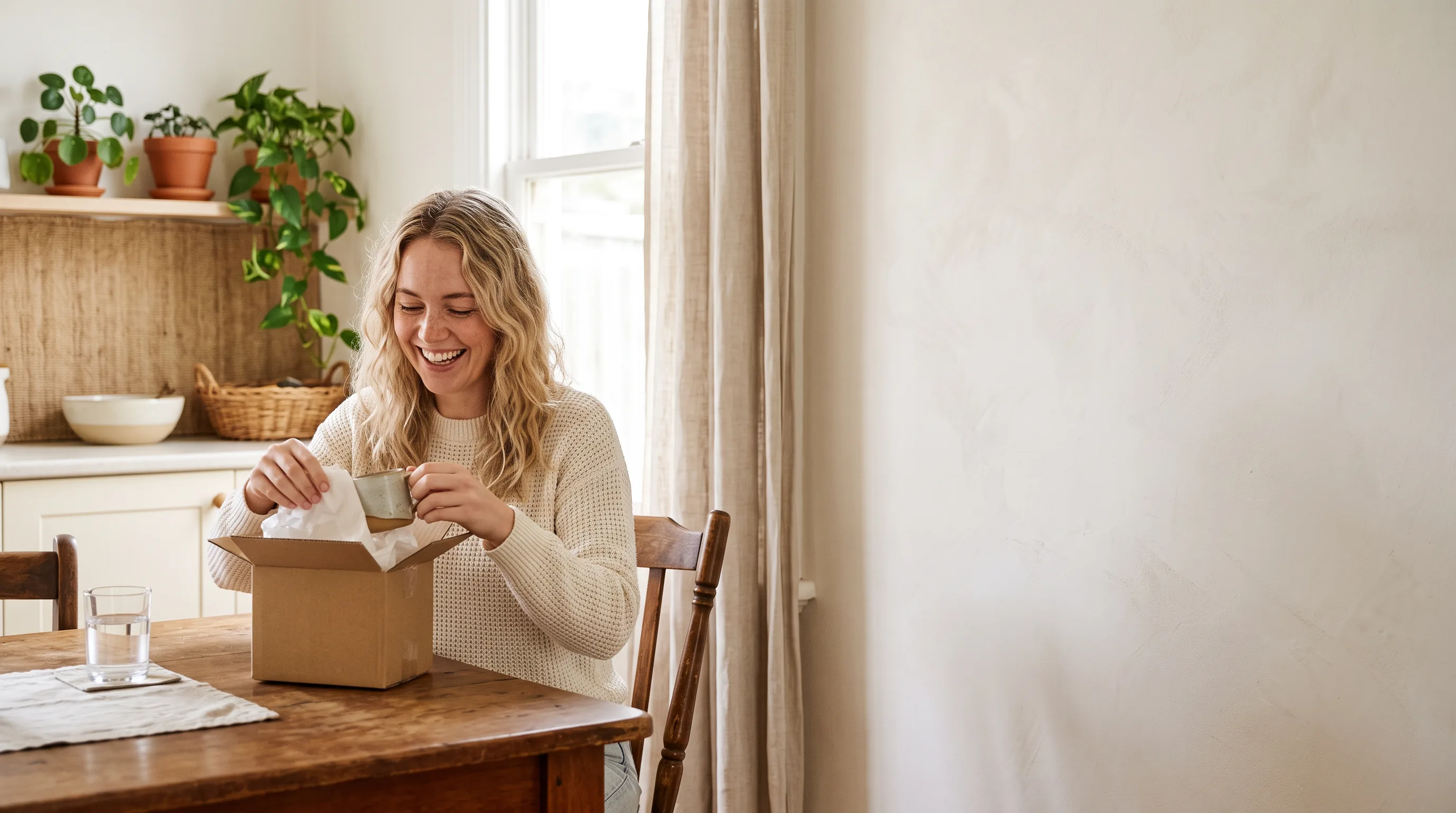 A young Australian woman unpacking an online order at her sunny kitchen table